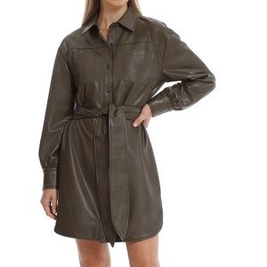Avec Les Filles Faux Leather Belted Dress Olive Medium NWT